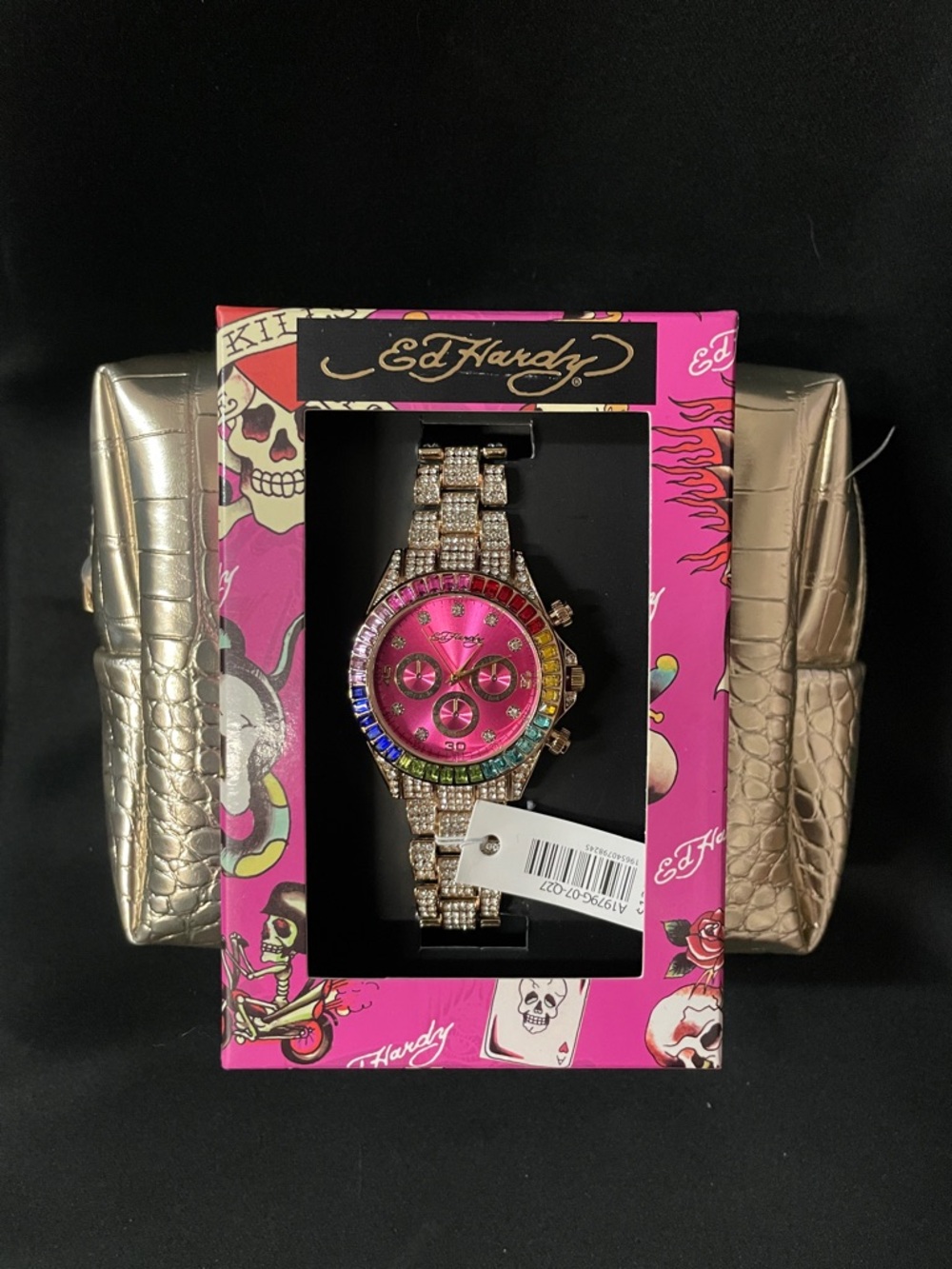 FOR ANNA ONLY Happy BIRTHDAY Ed Hardy Pink Dial Multicolor Crystal watch w/pouch